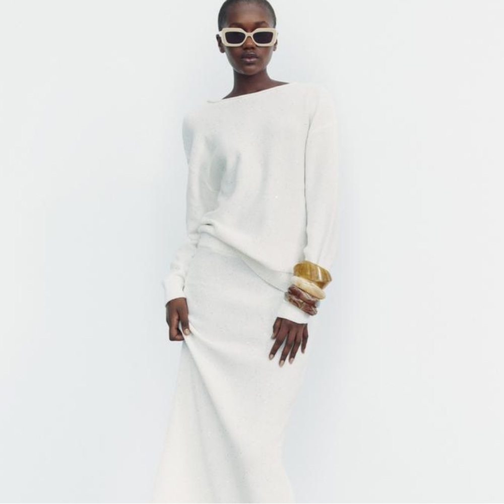 ZARA Ivory Cotton Sequin Knit Sweater Minimalist‎ Chic Low Back Size Medium - Picture 2 of 16